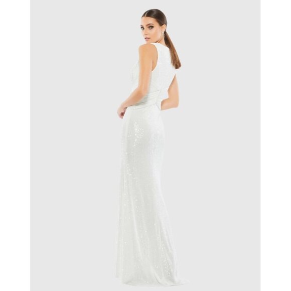 Mac Duggal Size 4 White 26598 V-Neck Sequin Wrap Waist Maxi Gown Wedding Bridal - Picture 3 of 12